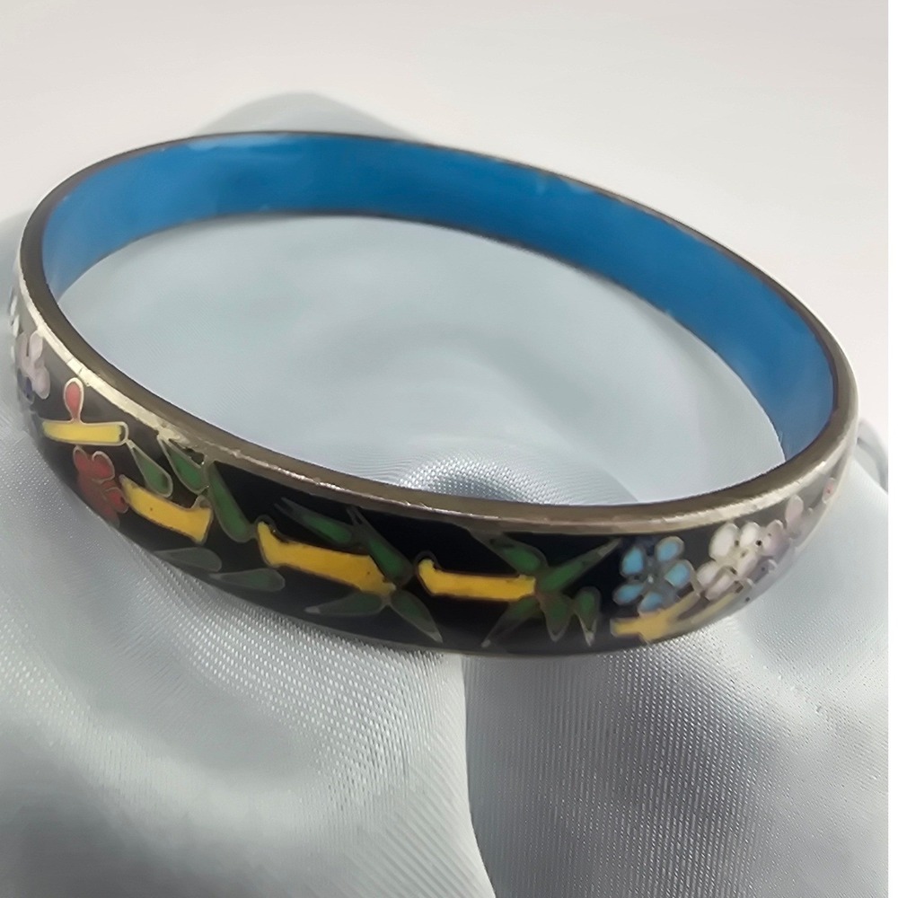 Vintage Estate Cloisonne Bangle Black Floral  Enamel Bamboo 7.5